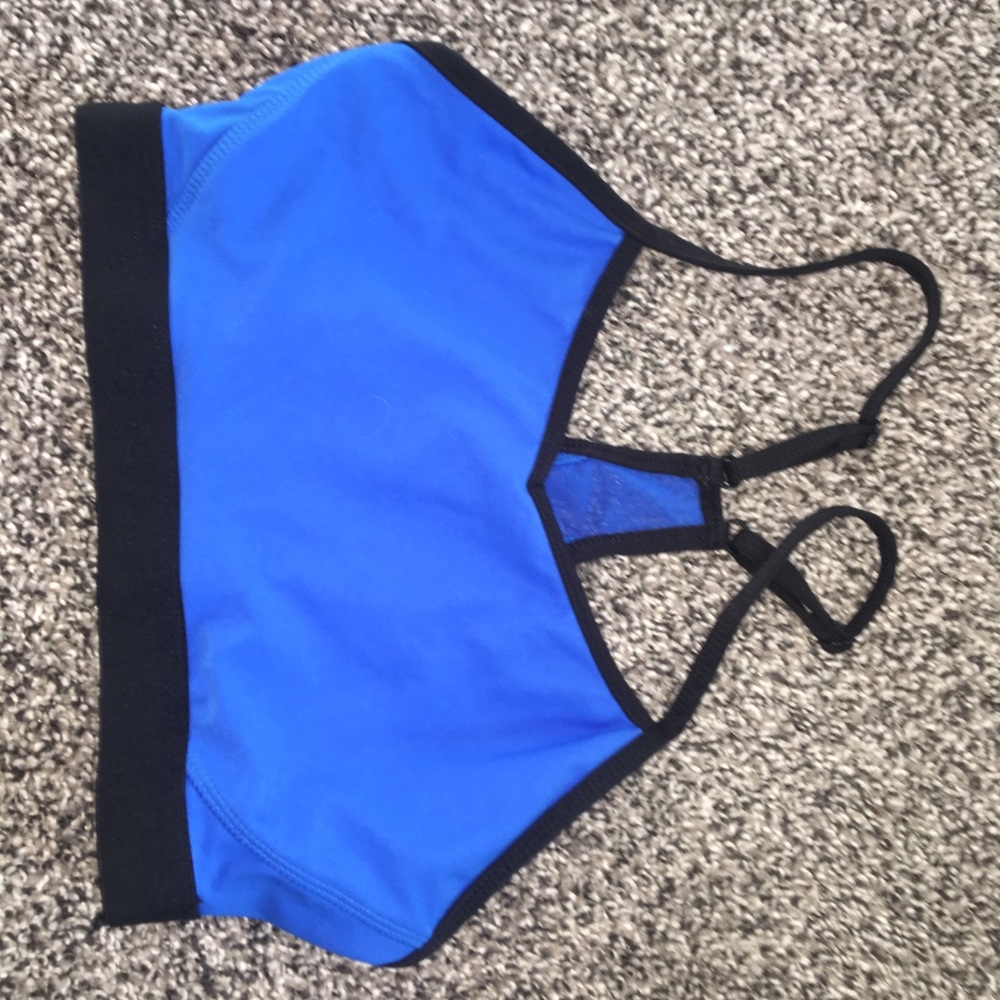 dark blue and black sports bra